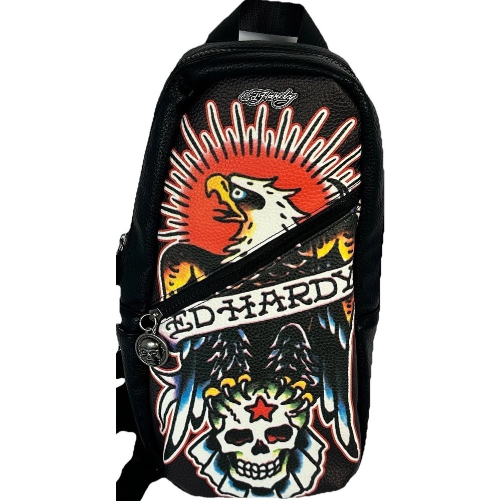 Ed Hardy Mens Black‎ Pebbled Sling Backpack Eagle Skull Tattoo Graphic Bag